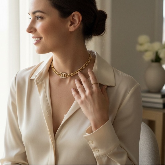 CHANEL Gold CC Chain Choker Necklace OS Crystal Logo Made in France - Picture 4 of 10